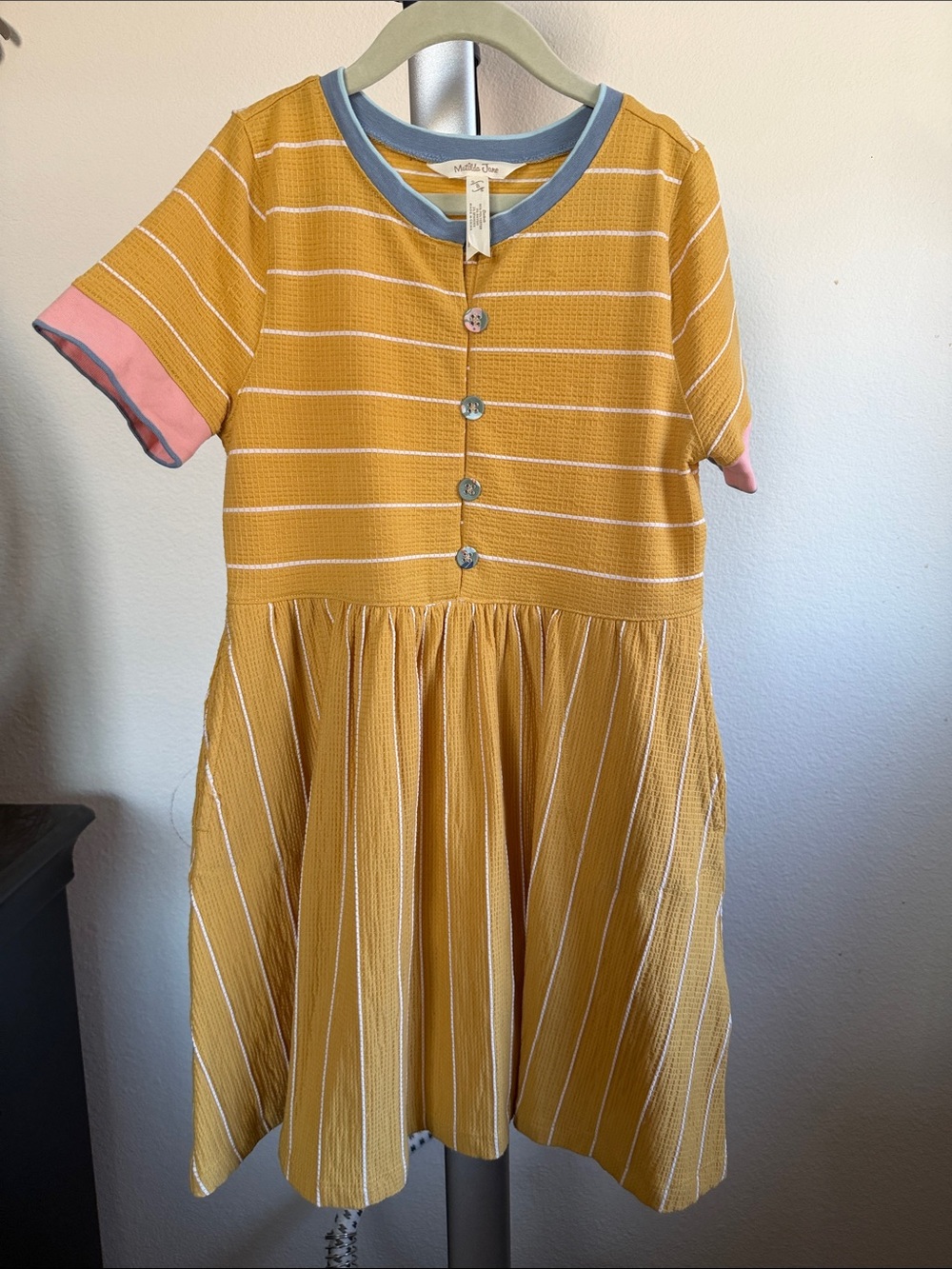 Matilda Jane Yellow Striped Knit Button-Front Dress with Pink Cuffs